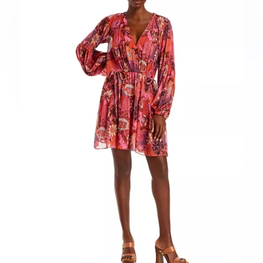 A.L.C. Elise 100% Silk Long Sleeve Mini Dress Pink Red Floral size 0 retail $550 - Picture 3 of 6